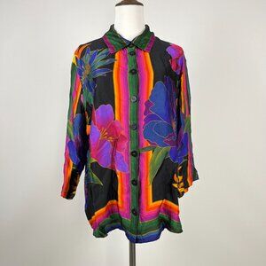 Farm Rio Black Flower Season Scarf Shirt Anthro Floral Top Blouse Shirt L